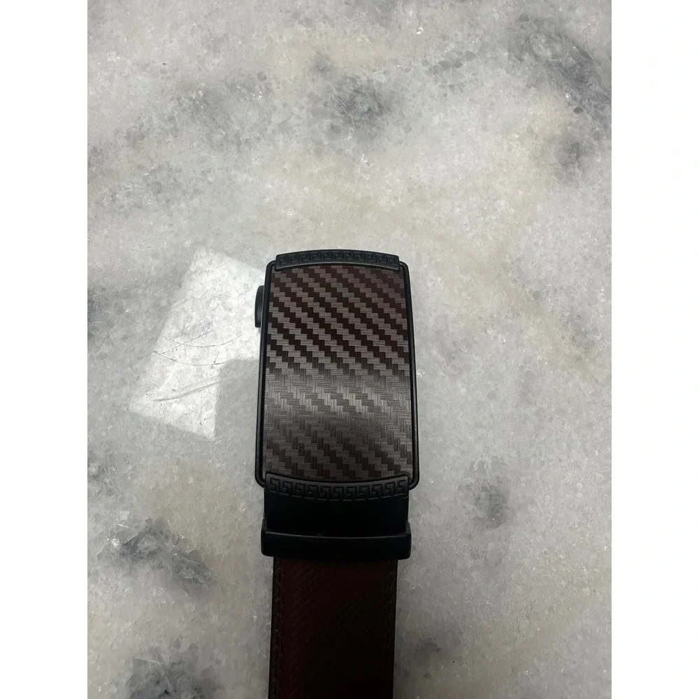 Mens Brown Carbon Fiber Ratchet Belt Automatic Slide Buckle Adjustable Belt